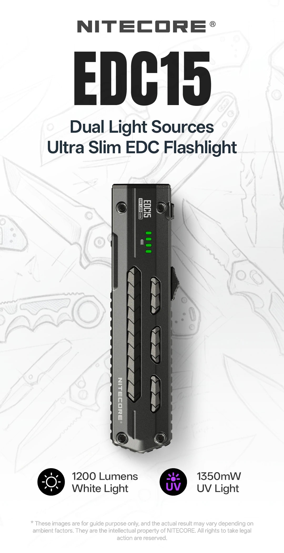 Nitecore EDC15 slim flashlight with white-light and UV-light specifications