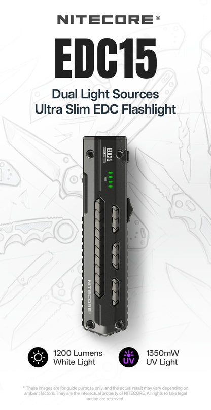 Nitecore EDC15 slim flashlight with white-light and UV-light specifications