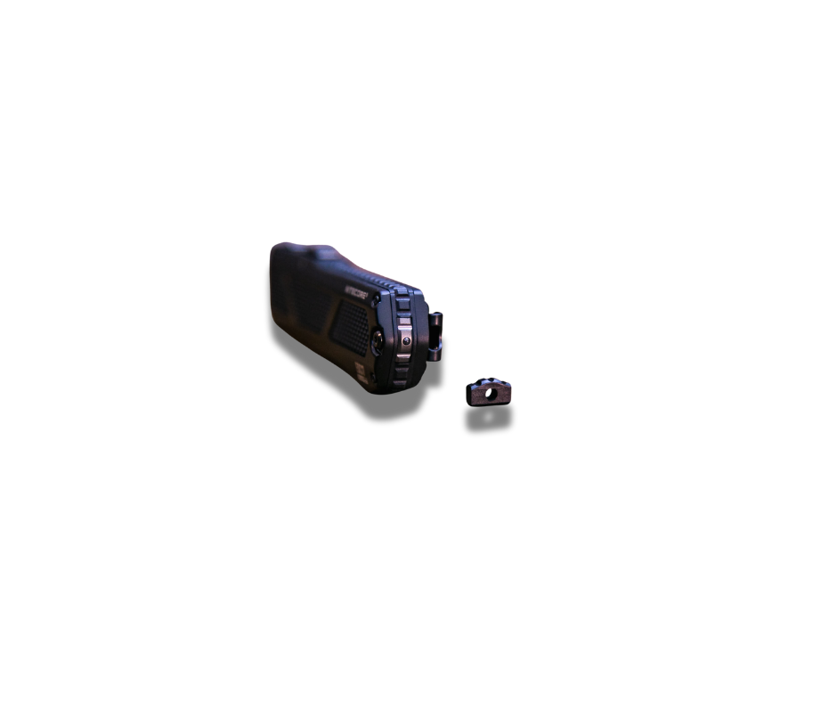 Black video camera with remote control on a white background