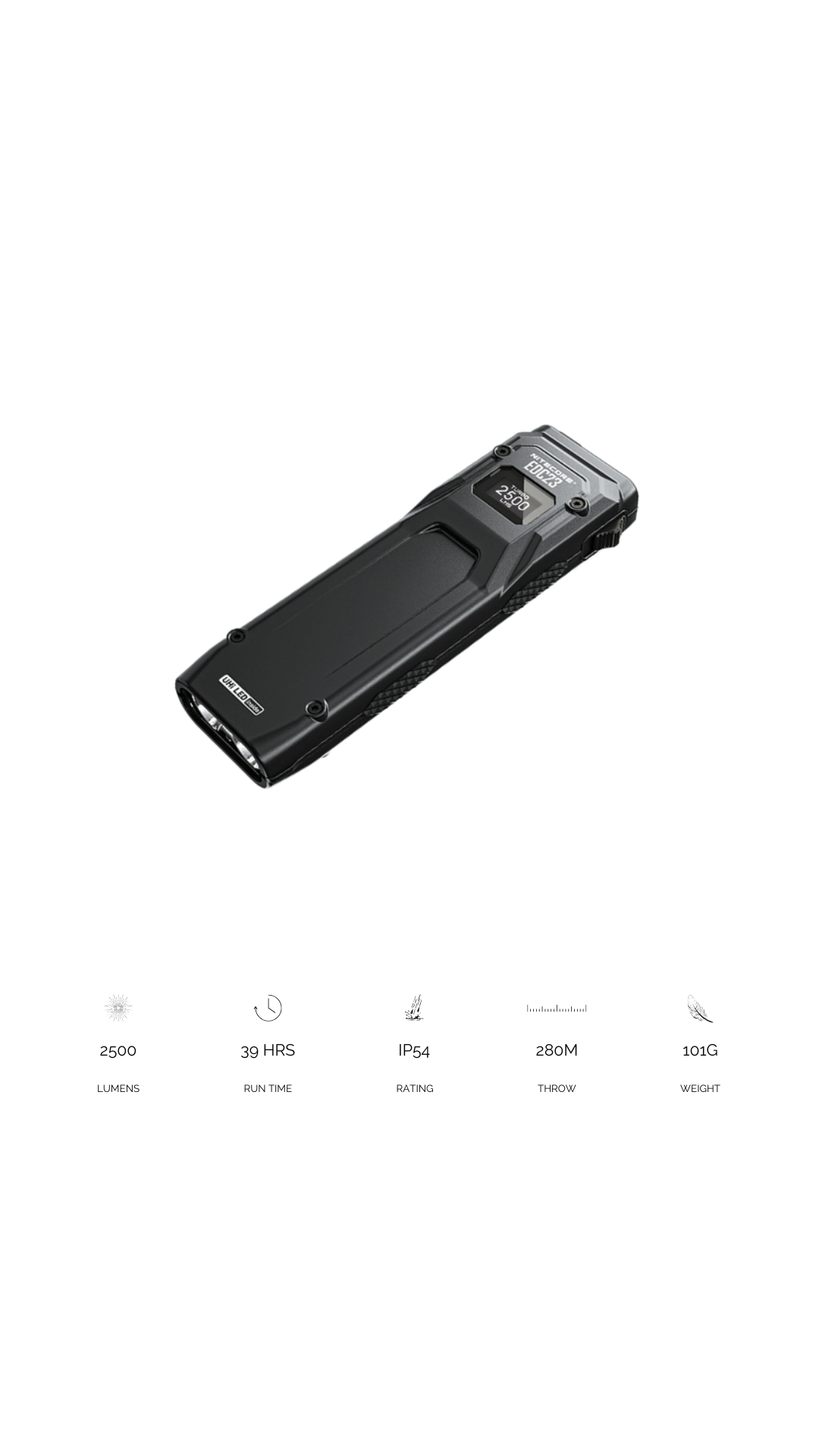 Nitecore EDC23 slim black flashlight angled to show its front panel and OLED screen