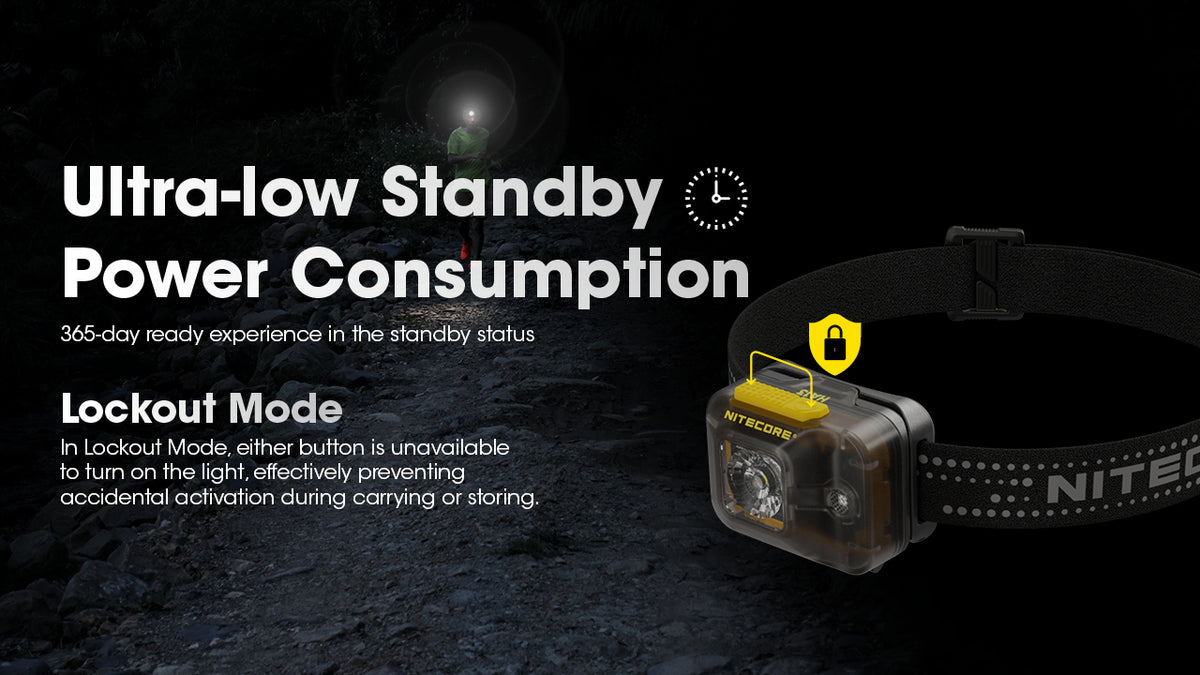 Nitecore HA13 lockout mode and low standby power infographic