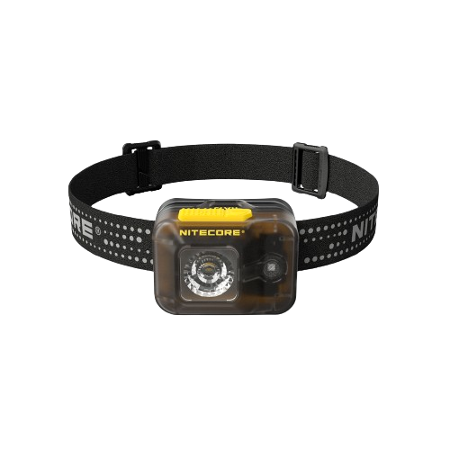Nitecore HA13 headlamp with single lens and yellow top button, front view
