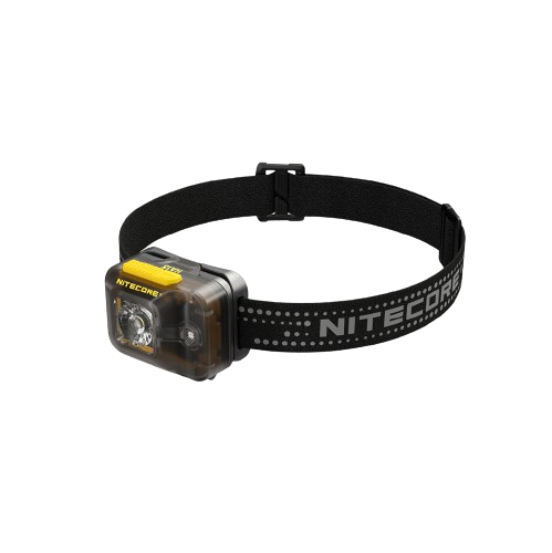 Nitecore HA13 headlamp with black headband, angled front view