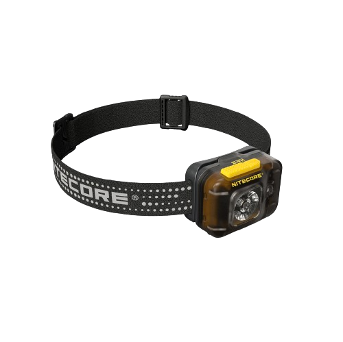 Nitecore HA13 headlamp with patterned headband, opposite angled view
