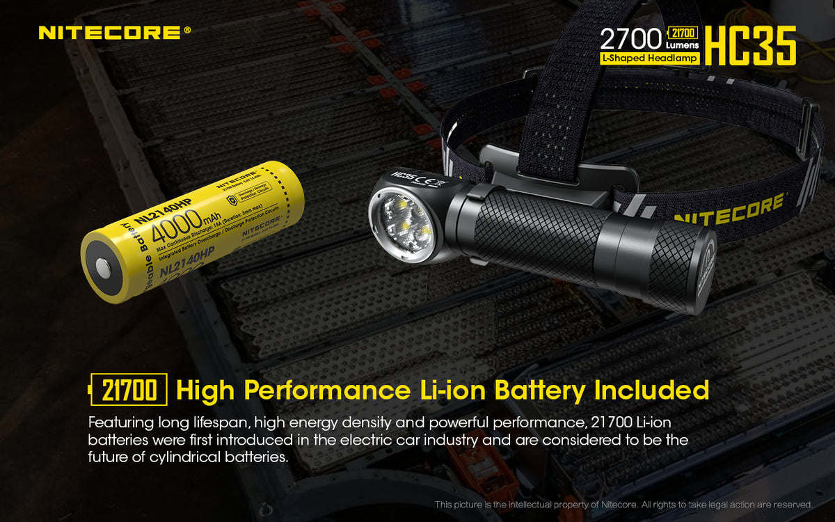 Nitecore HC35 headlamp with yellow 21700 battery
