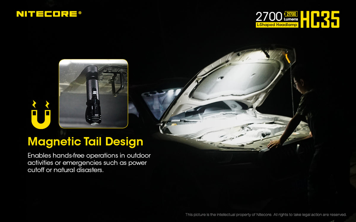 Nitecore HC35 magnetic tail used for hands-free vehicle lighting