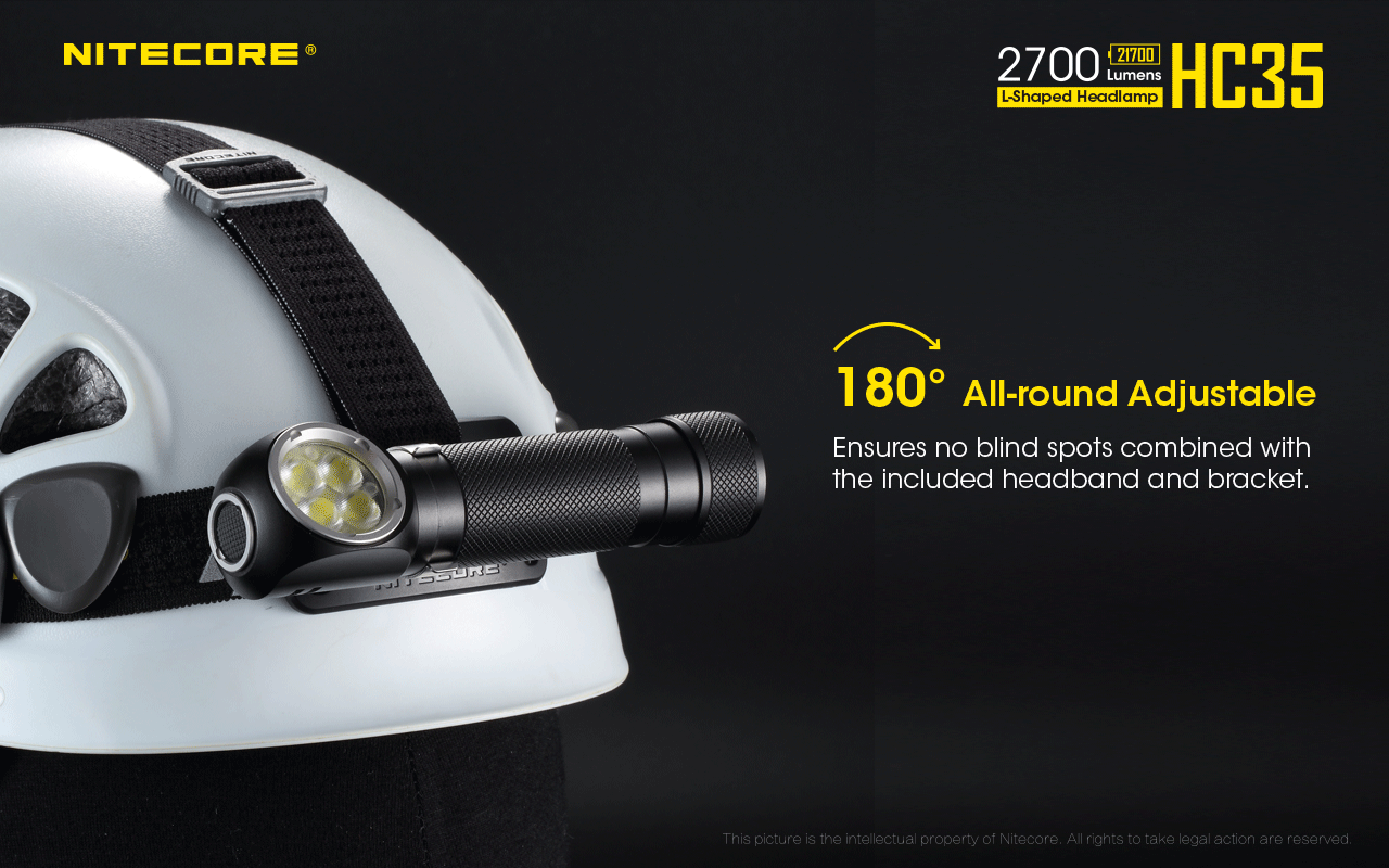 Nitecore HC35 headlamp mounted on helmet with adjustable bracket
