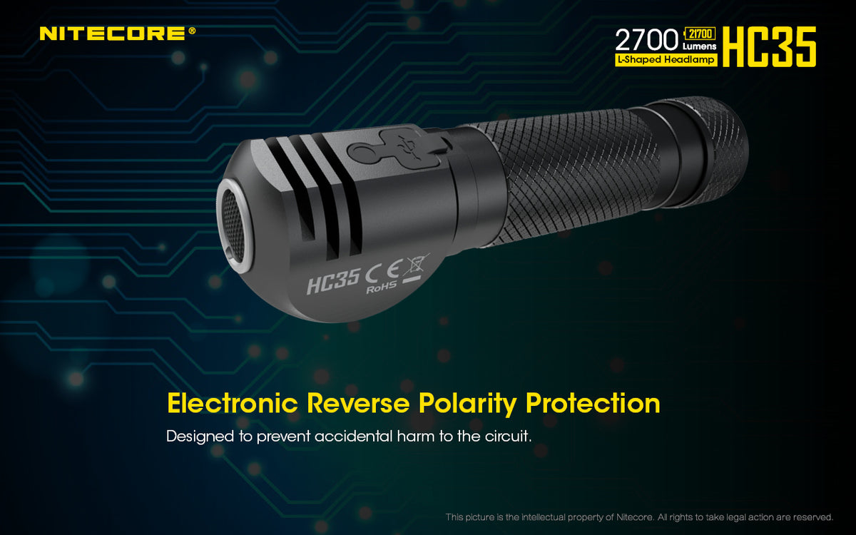 Nitecore HC35 electronic reverse-polarity protection infographic