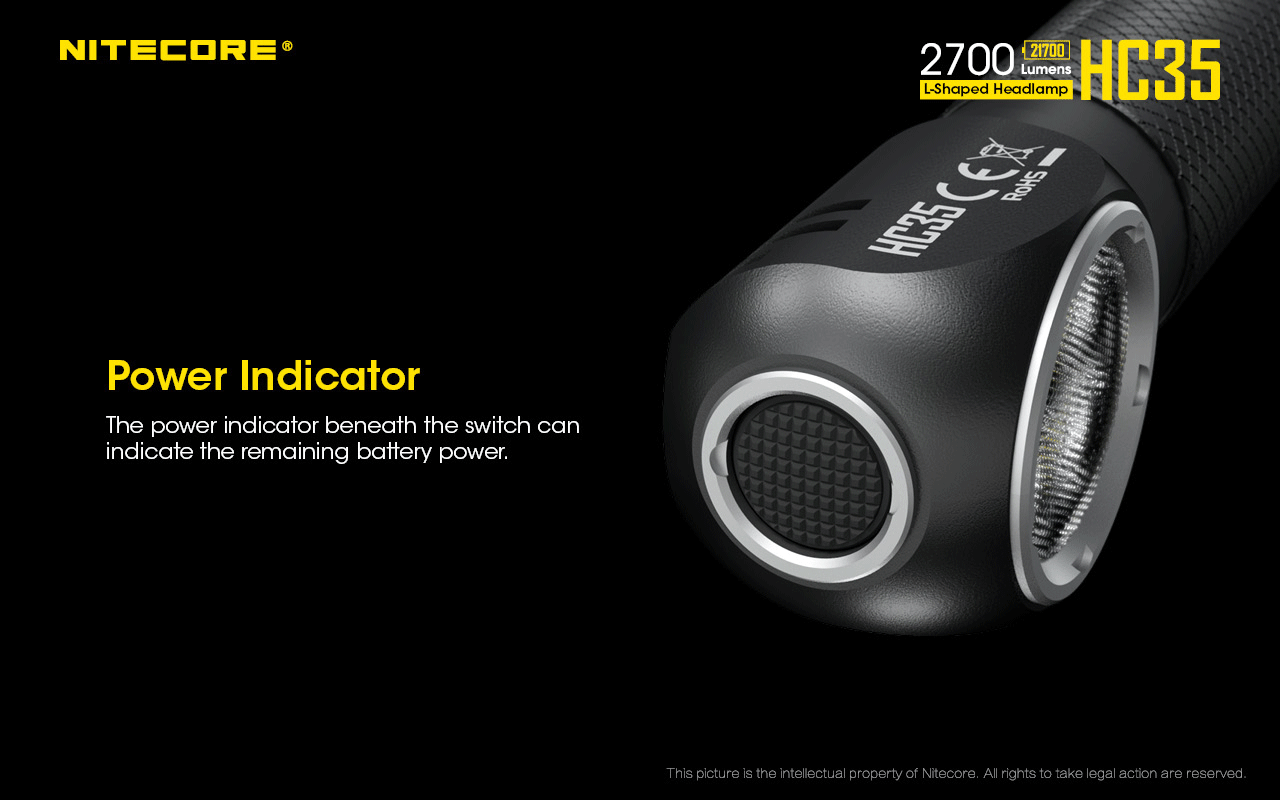 Nitecore HC35 switch with power indicator, close-up