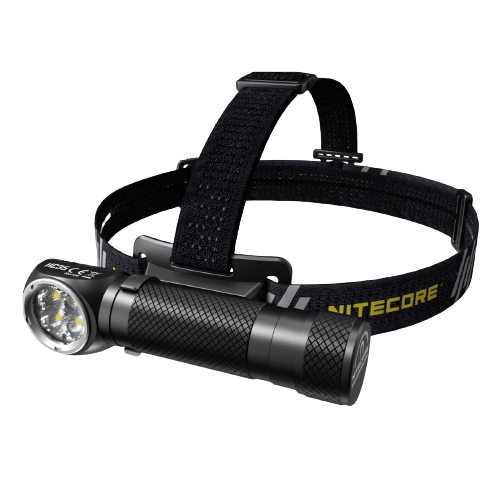 Nitecore HC35 black headlamp with overhead strap, angled view