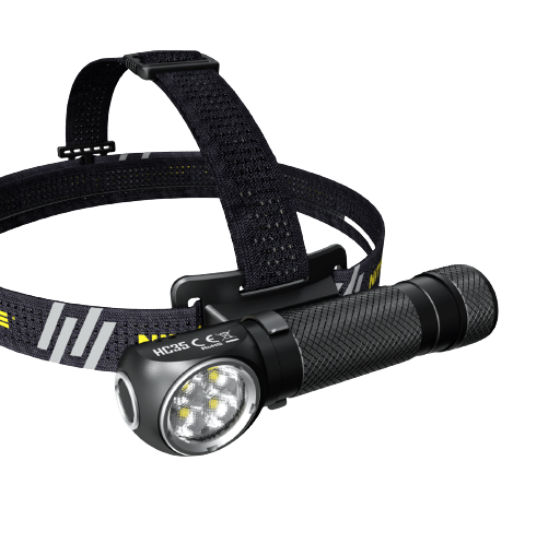 Nitecore HC35 headlamp and overhead strap, opposite angled view