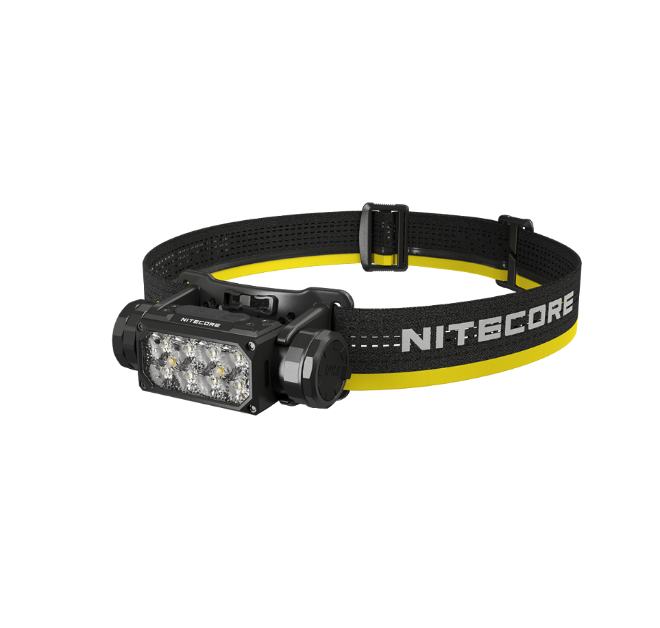 Nitecore HC65 UHE headlamp angled view with black and yellow band