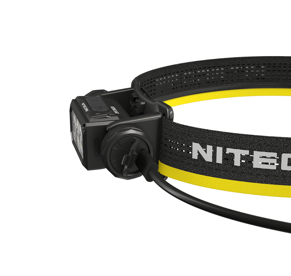 Nitecore HC65 UHE headlamp side view with charging cable