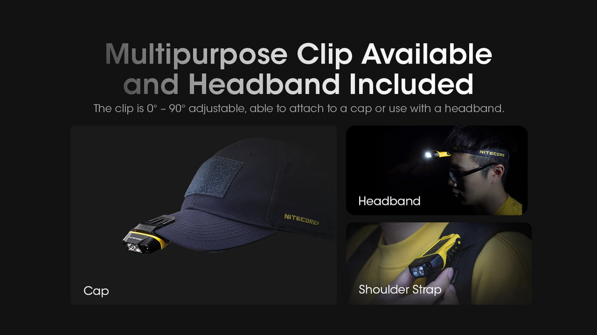 Nitecore NU11 light mounted on cap, headband and shoulder strap