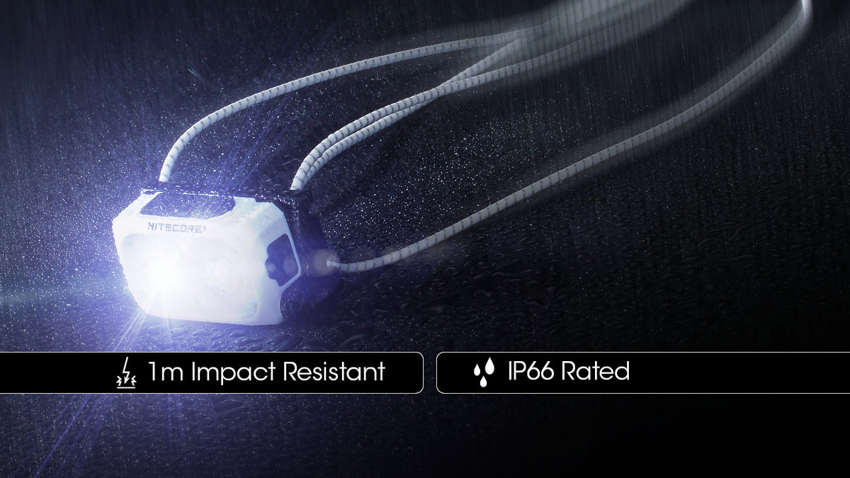 Nitecore NU21 headlamp water and impact resistance infographic