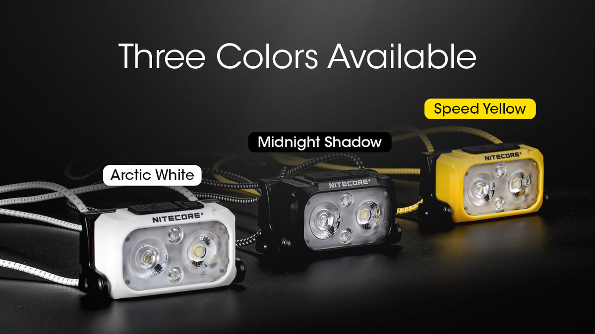 Nitecore NU21 headlamps in arctic white, midnight shadow and speed yellow