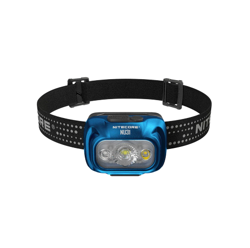 Nitecore NU31 blue headlamp with black headband, front view
