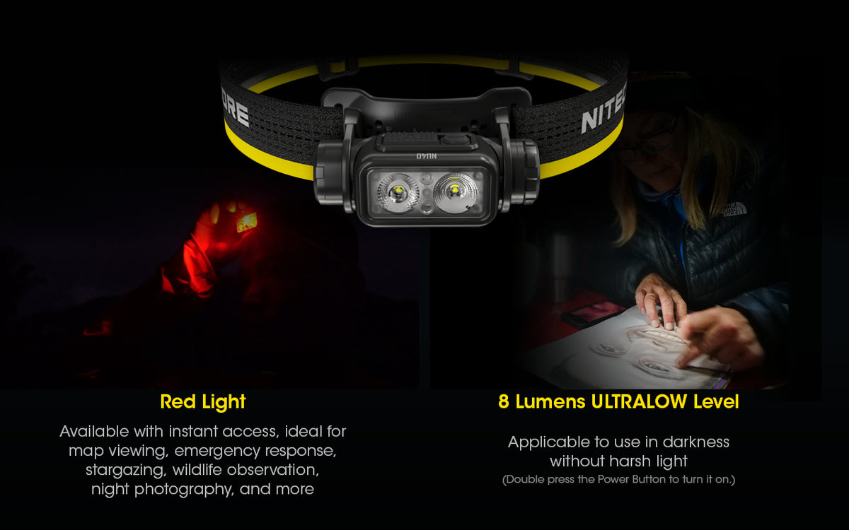 Nitecore NU40 red light and ultralow white light demonstrations