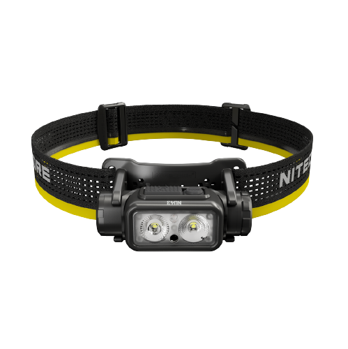 Nitecore NU43 headlamp with black and yellow band, front view
