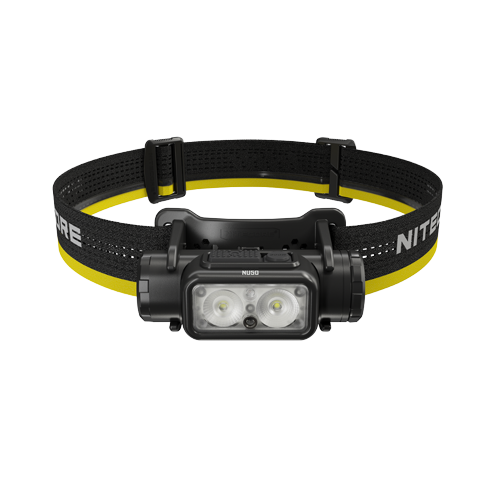 Nitecore NU50 headlamp front view with black and yellow headband