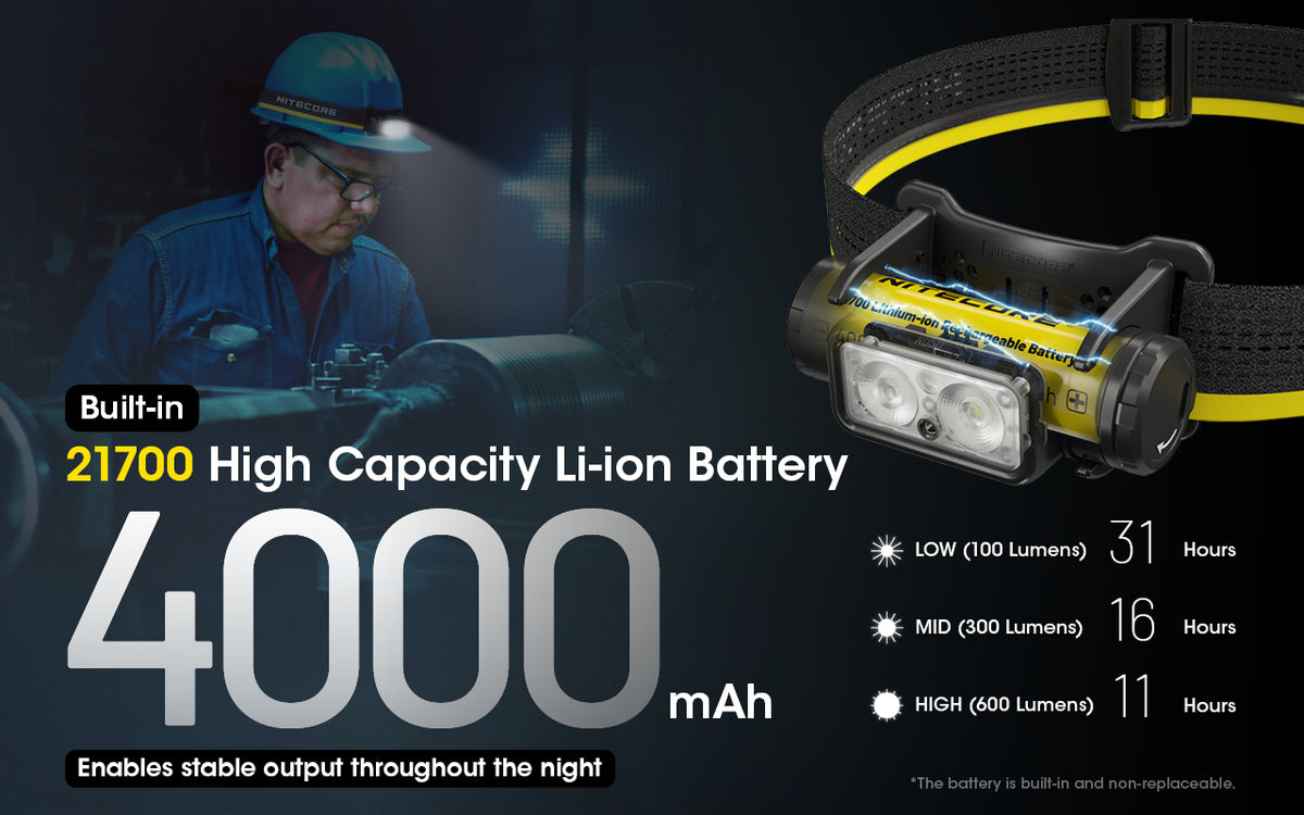 Nitecore NU50 built-in battery and runtime infographic