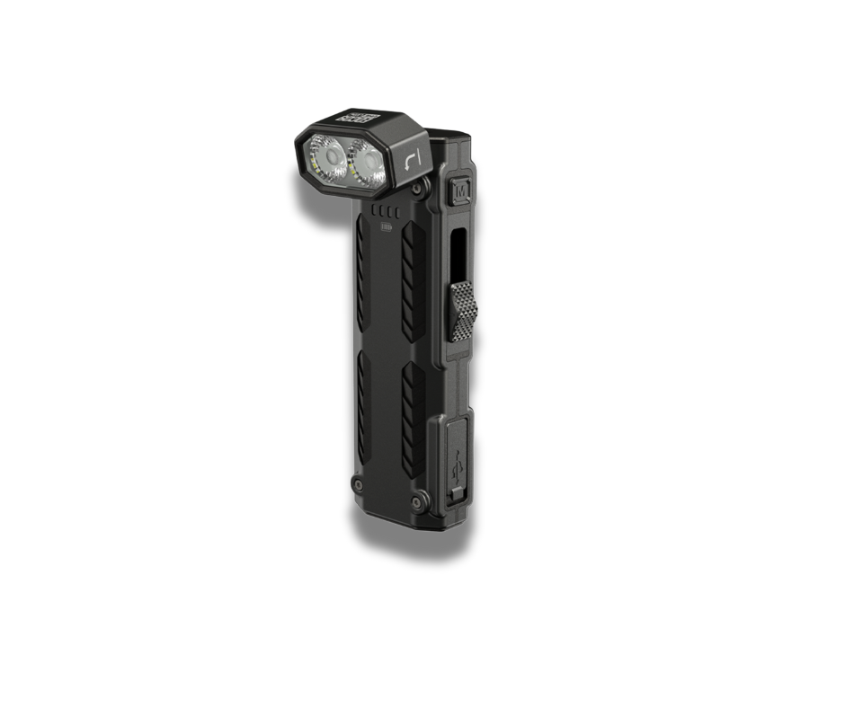 Nitecore EDC09 flashlight upright with head tilted at a right angle