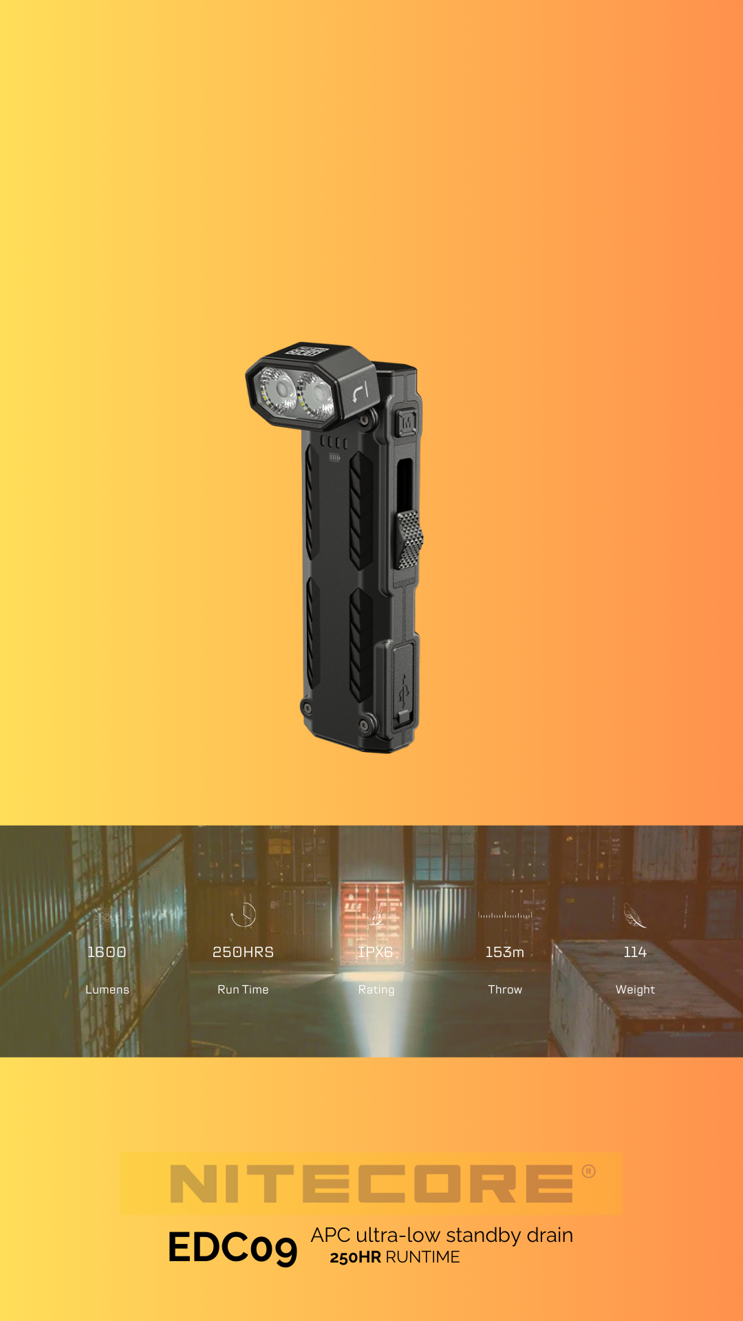 Nitecore EDC09 flashlight on a gradient yellow to orange background