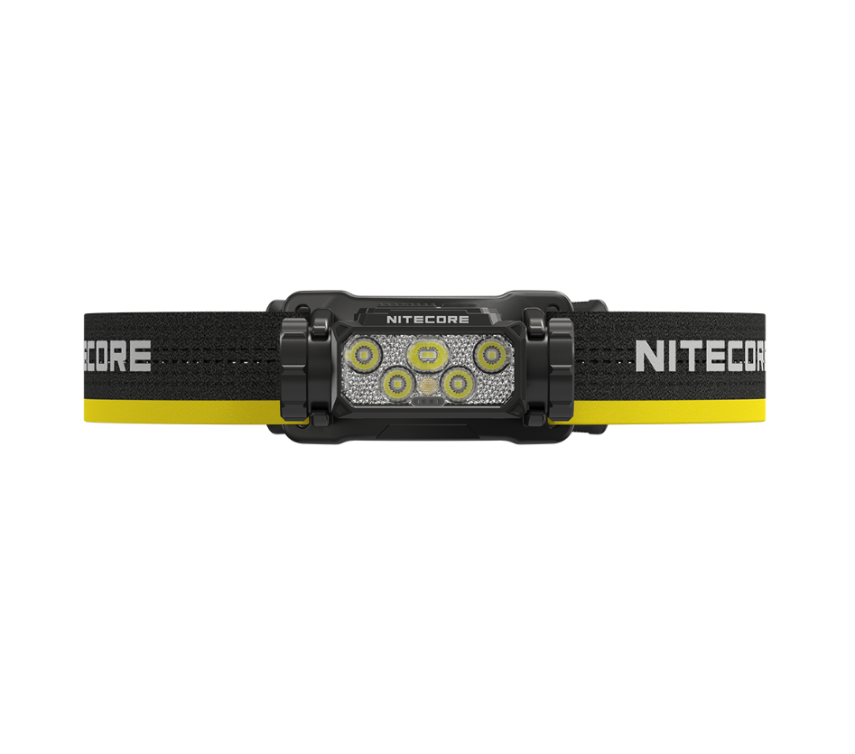 Nitecore HC60 UHE front view of the multi-LED lens and branded headband