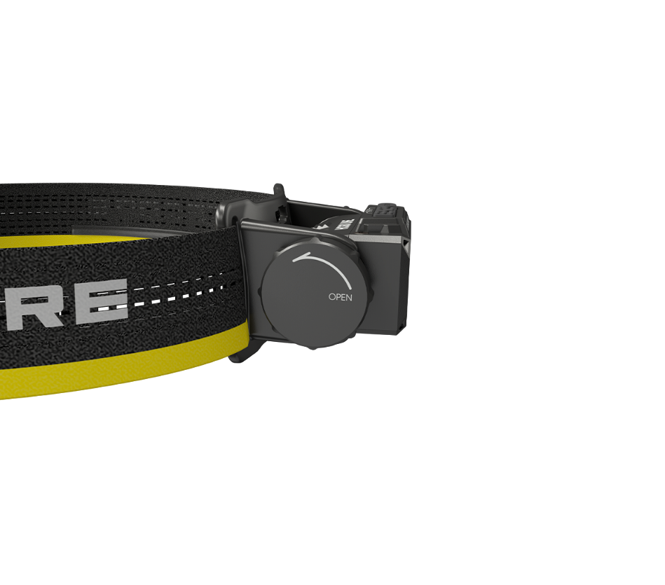 Nitecore HC60 UHE side view of the battery cap and headband attachment