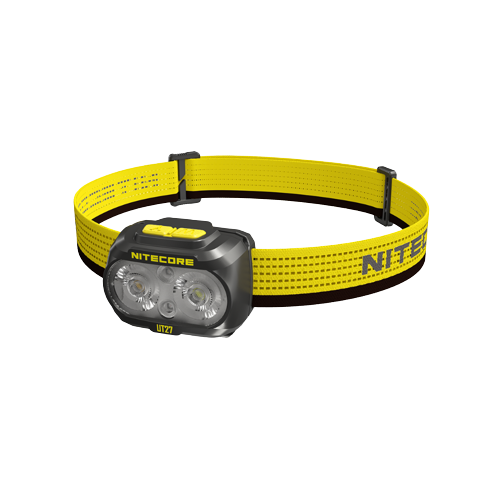 Nitecore UT27 running headlamp with yellow headband, angled view