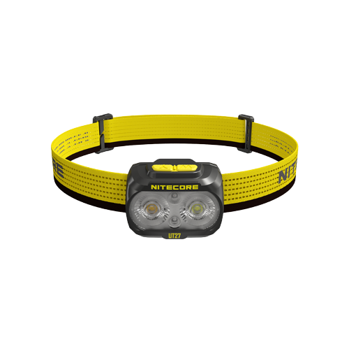 Nitecore UT27 dual-lens headlamp and yellow headband, front view