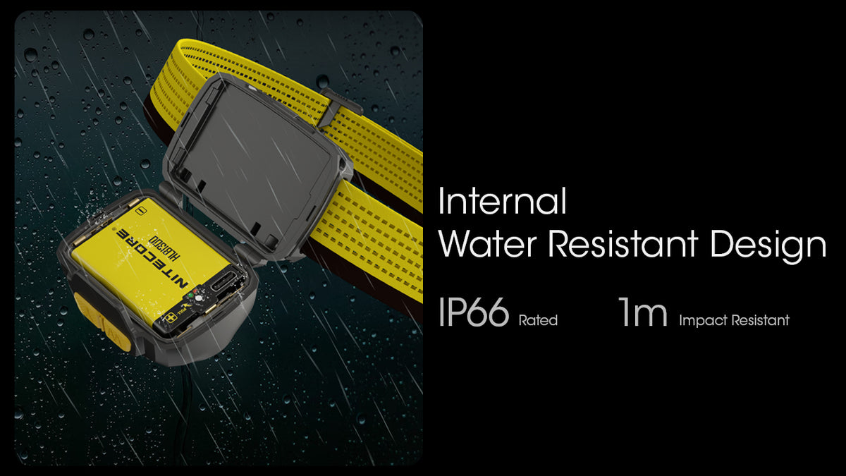 Nitecore UT27 open battery compartment and water resistance infographic