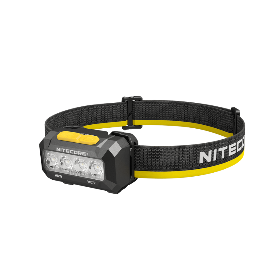 Nitecore HA19 Classic Black headlamp angled view with yellow buttons