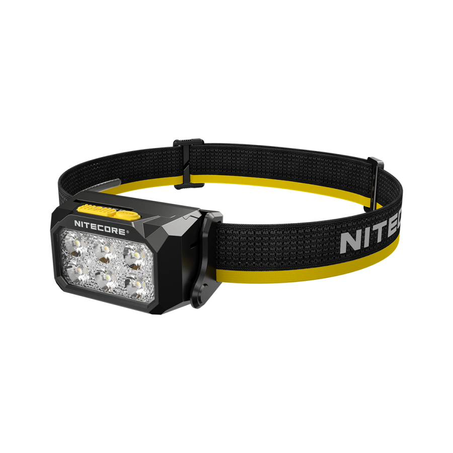 Nitecore HA29 UHE headlamp angled view with black and yellow headband