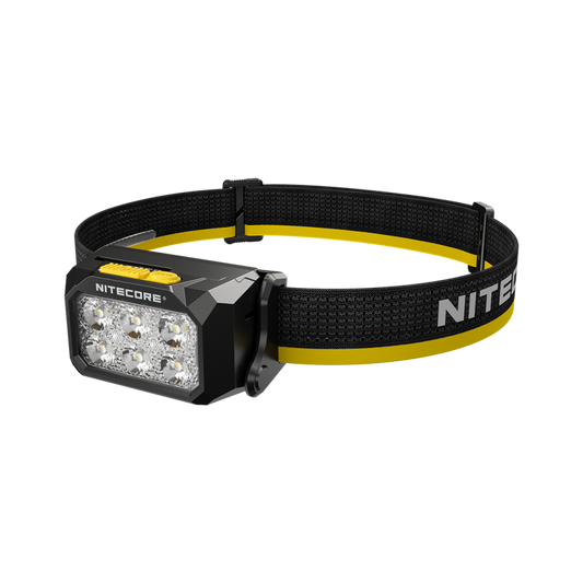 Nitecore HA29 UHE headlamp angled view with black and yellow headband