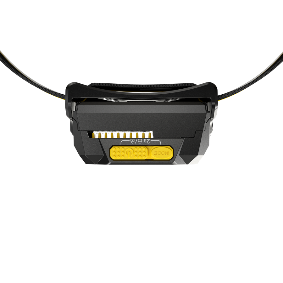Nitecore HA29 UHE headlamp top view showing yellow control button