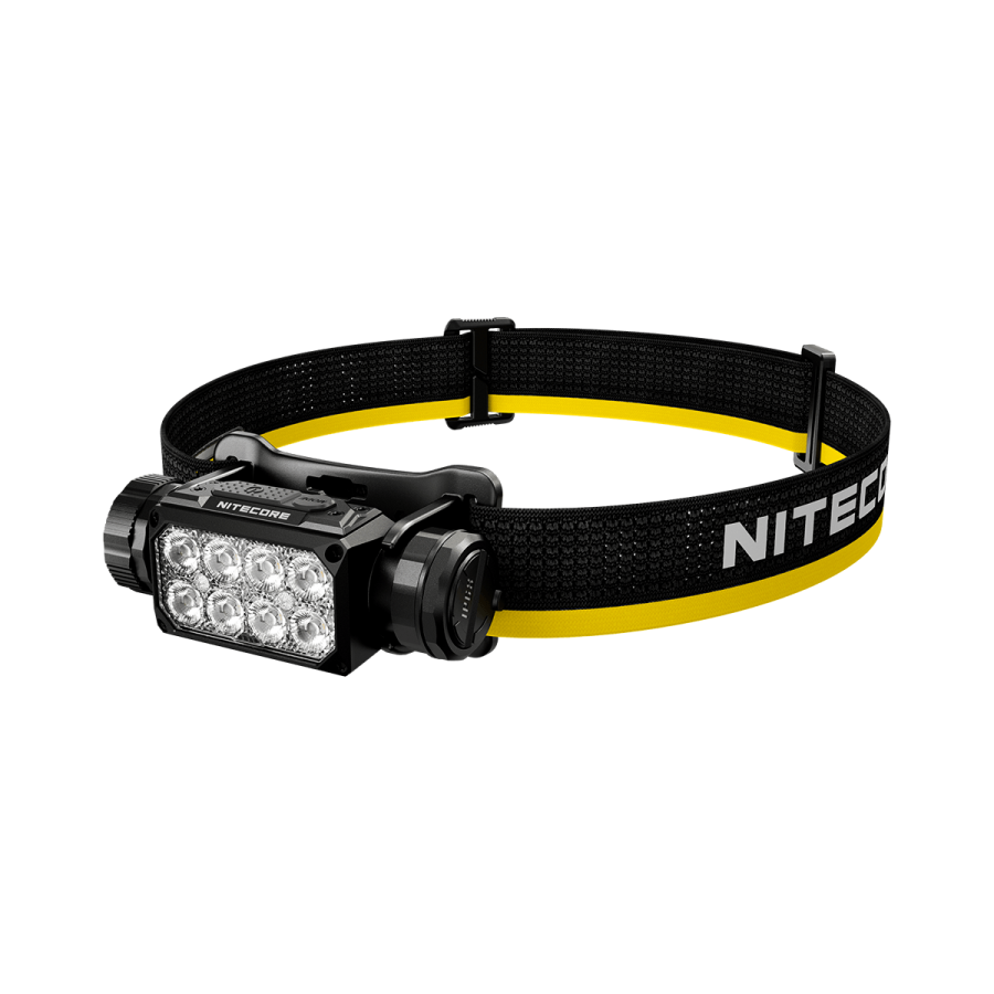 Nitecore HC65 MCT headlamp angled view with black and yellow headband