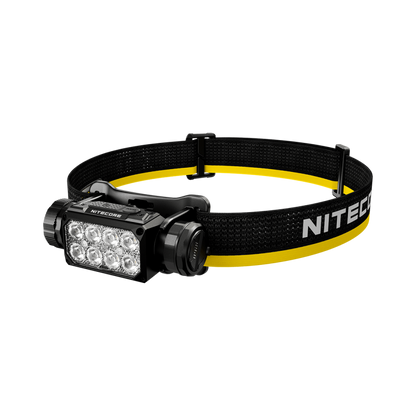 Nitecore HC65 MCT headlamp angled view with black and yellow headband