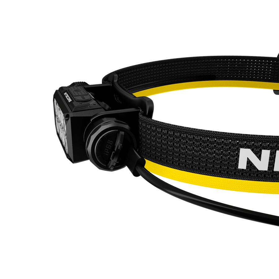 Nitecore HC65 MCT headlamp side view with battery cap and headband