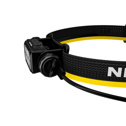 Nitecore HC65 MCT headlamp side view with battery cap and headband