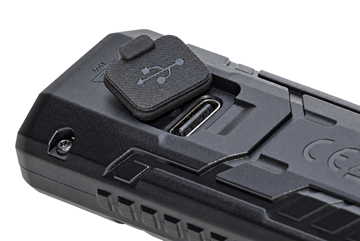 Close-up of the USB-C charging port on the Nitecore EDC07 Classic Black flashlight