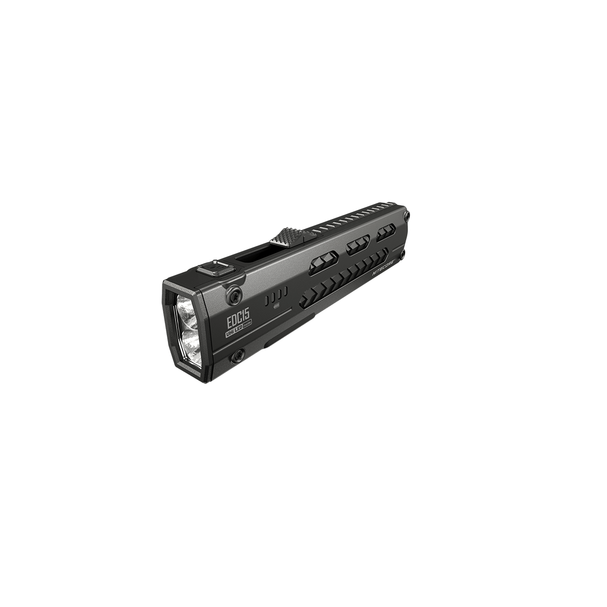 Nitecore EDC15 flashlight angled head view showing the dual emitters and controls