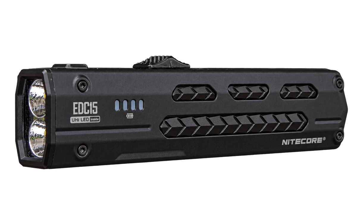 Nitecore EDC15 flashlight in horizontal view with the background removed