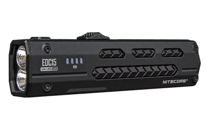 Nitecore EDC15 flashlight in horizontal view with the background removed