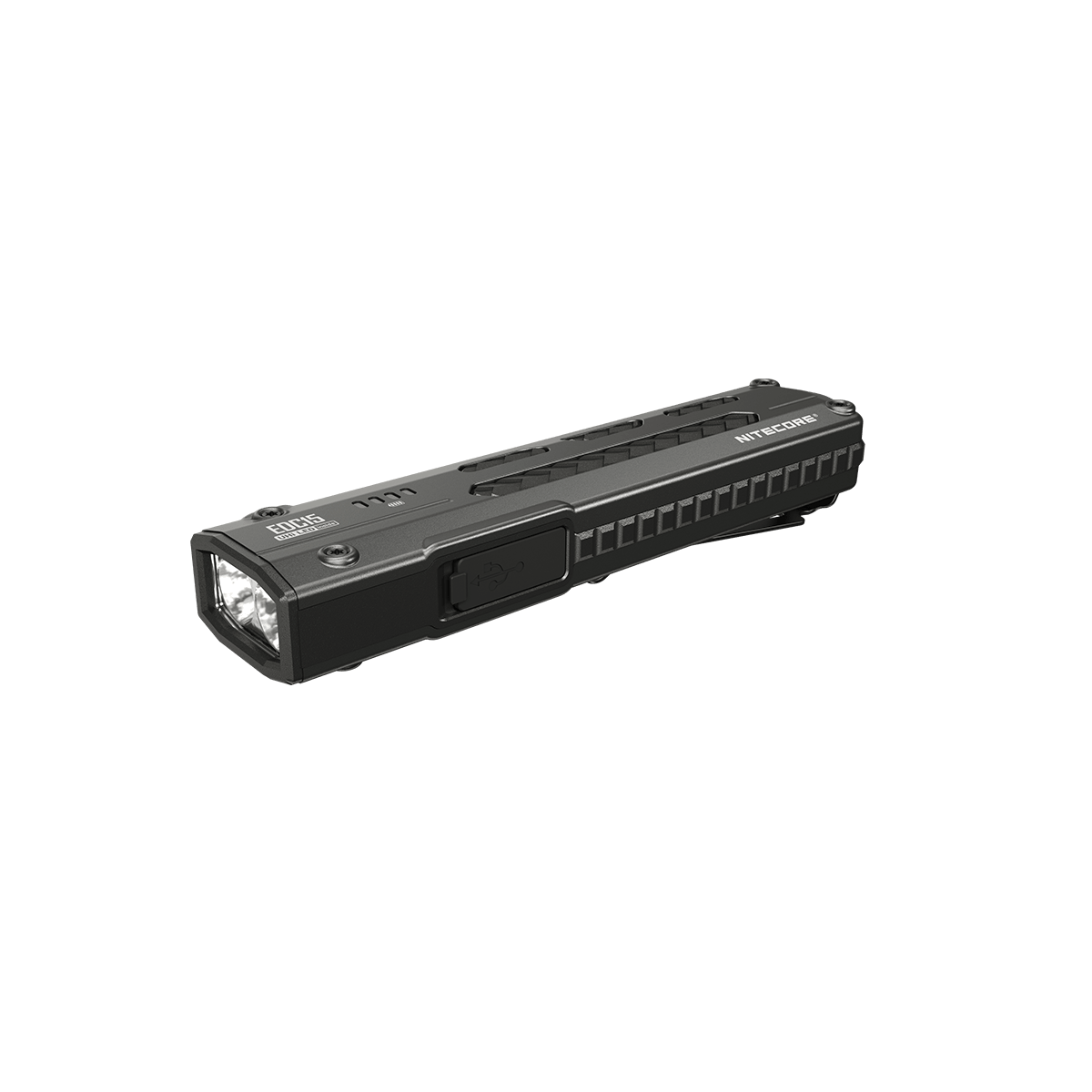 Nitecore EDC15 flashlight horizontal side view showing the USB-C charging cover