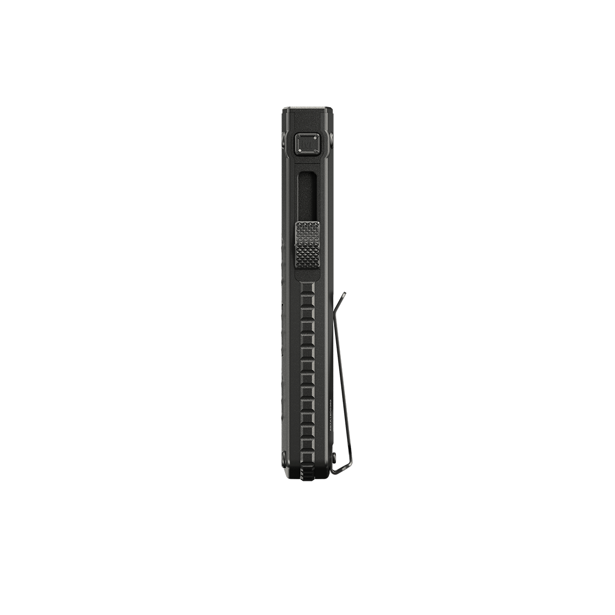 Nitecore EDC15 flashlight narrow side view showing the slide switch and M button