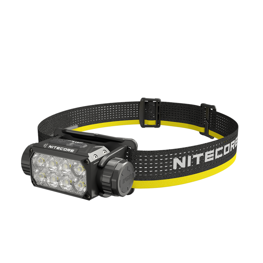 Nitecore HC75 UHE headlamp angled view with black and yellow headband