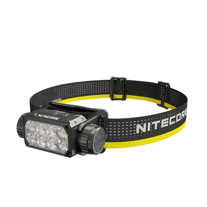 Nitecore HC75 UHE headlamp angled view with black and yellow headband