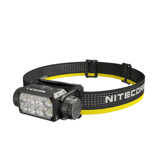 Nitecore HC75 UHE headlamp angled view with black and yellow headband
