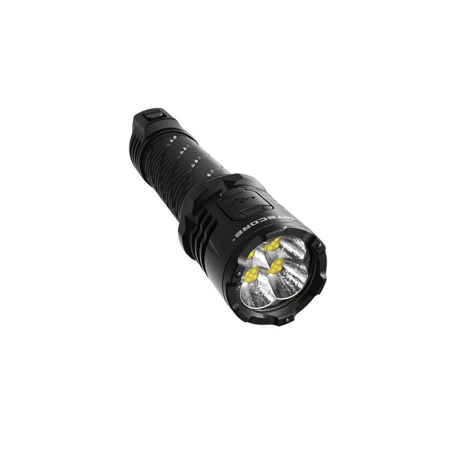 Nitecore P27iX flashlight front angled view showing four LED reflectors
